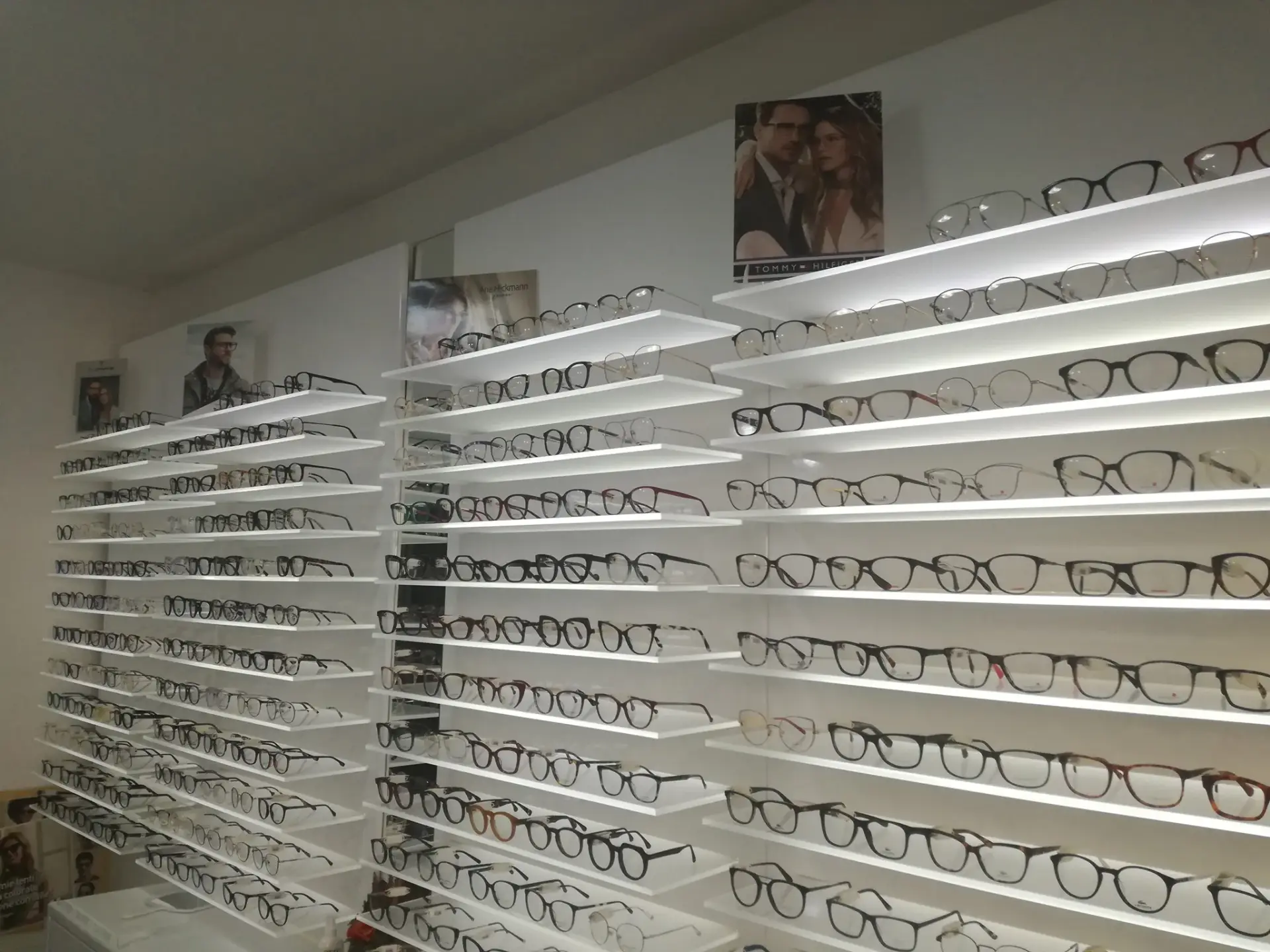 Montature da vista e da sole esposte in negozio da Ottica Angelone